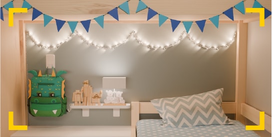 Quarto decorado com luzes penduradas em ganchos. Imagem da seção Perguntas Frequentes.
