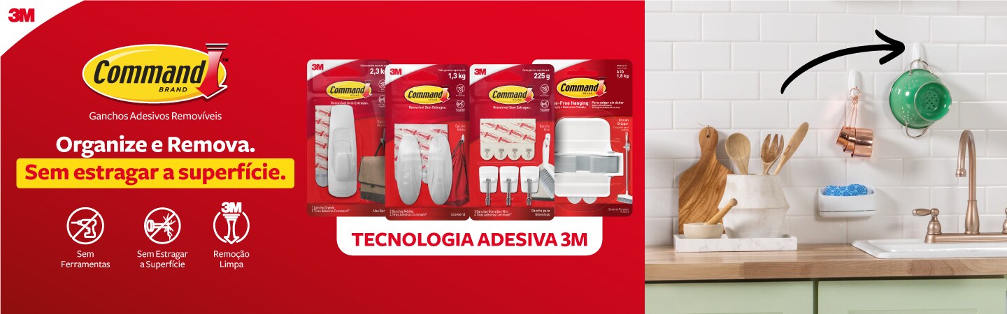 Banner vermelho com ganchos brancos.

